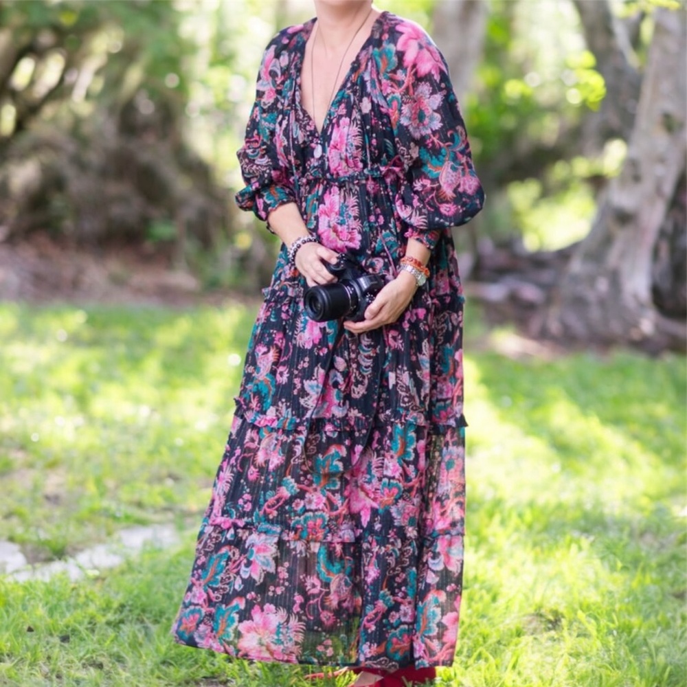 House of Harlow 1960 Floral Boho Tiered Flowy Maxi Dress Romantic Prairie Style